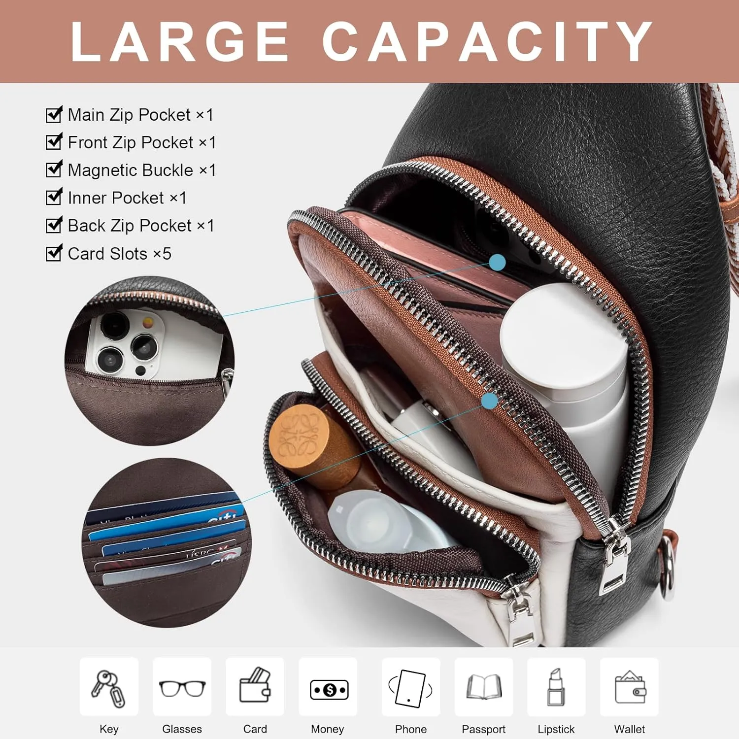 CLUCI Small Sling Bag for Women, Vegan Leather Fanny Pack Crossbody Bags for Women, Chest Bag With Guitar Strap