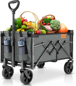 Collapsible Wagon Cart Foldable with 220lbs Weight Capacity, Lightweight Portable Folding Grocery Shopping Cart with Wheels for Camping Sports Beach and Shopping, Grey