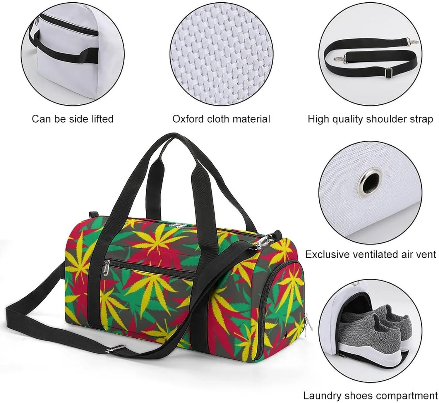Colorful Marijuana Weed Fitness Large Gym Bag for Unisex with Shoe Compartment & Wet Pocket