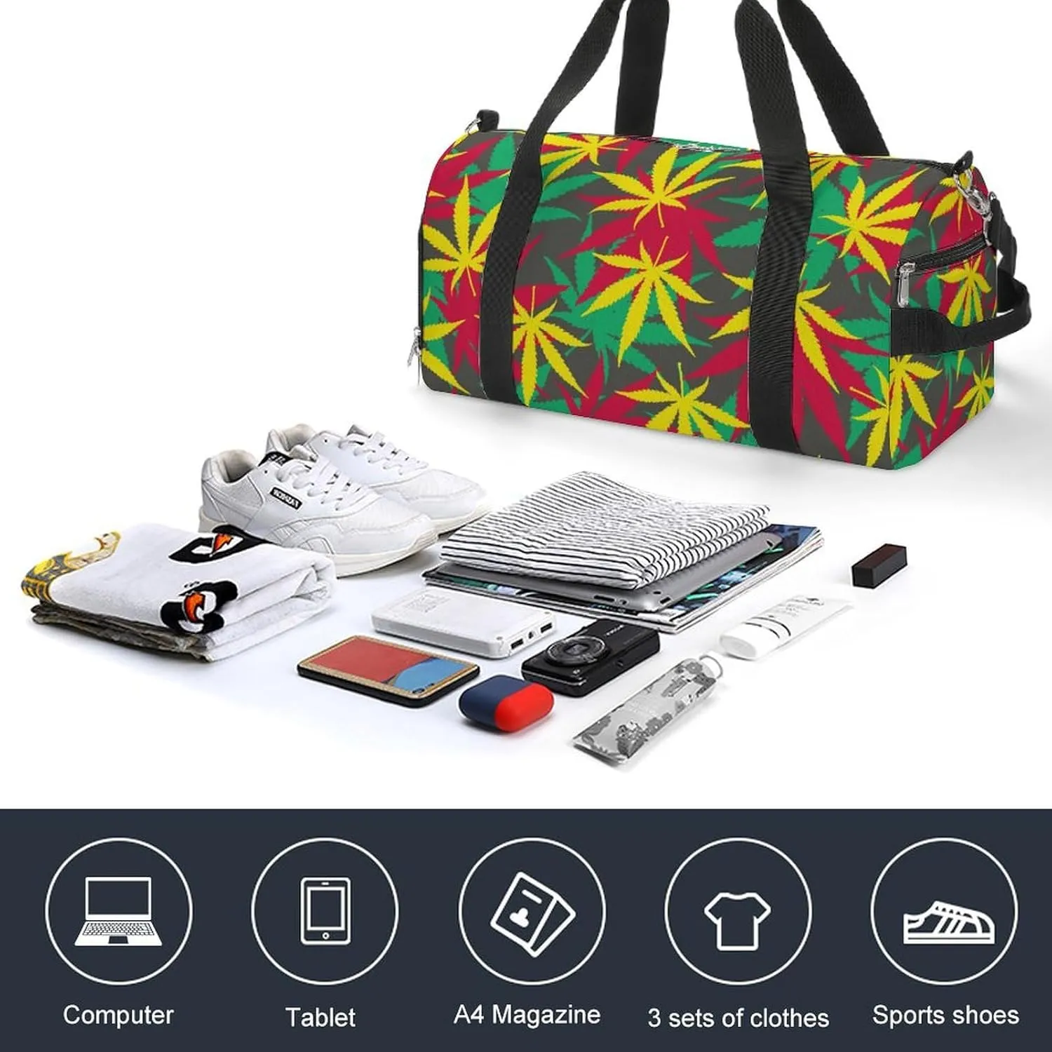 Colorful Marijuana Weed Fitness Large Gym Bag for Unisex with Shoe Compartment & Wet Pocket