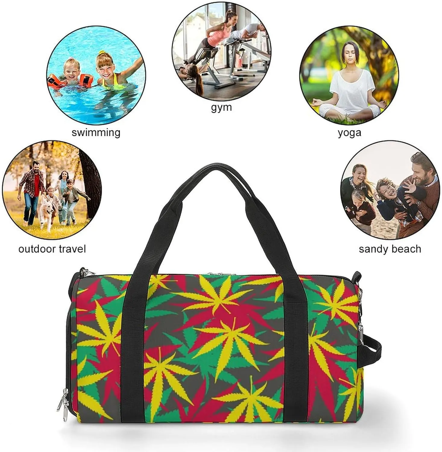 Colorful Marijuana Weed Fitness Large Gym Bag for Unisex with Shoe Compartment & Wet Pocket