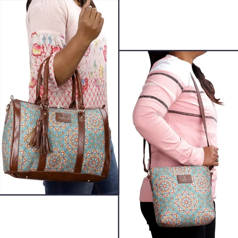 Combo: Lorna & Aahna Printed Handicraft Fabric Handbag & Sling Bag | 16L | Light Green-Geometric Print