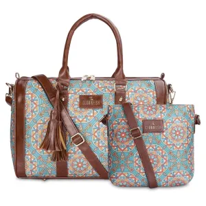 Combo: Lorna & Aahna Printed Handicraft Fabric Handbag & Sling Bag | 16L | Light Green-Geometric Print