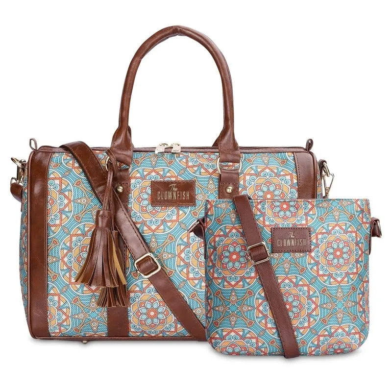 Combo: Lorna & Aahna Printed Handicraft Fabric Handbag & Sling Bag | 16L | Light Green-Geometric Print