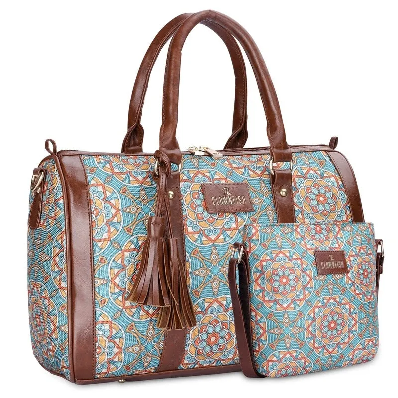 Combo: Lorna & Aahna Printed Handicraft Fabric Handbag & Sling Bag | 16L | Light Green-Geometric Print