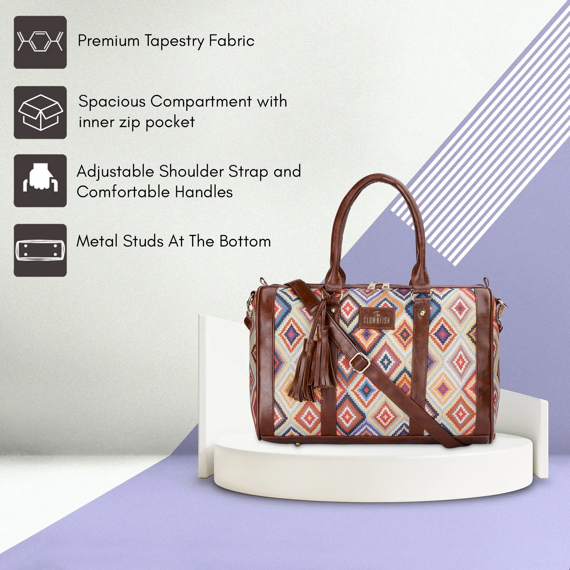 Combo: Lorna Printed Handicraft Fabric & Faux Leather Handbag and Aahna Crossbody Sling Bag | 16L | Multicolour-Diamond Design