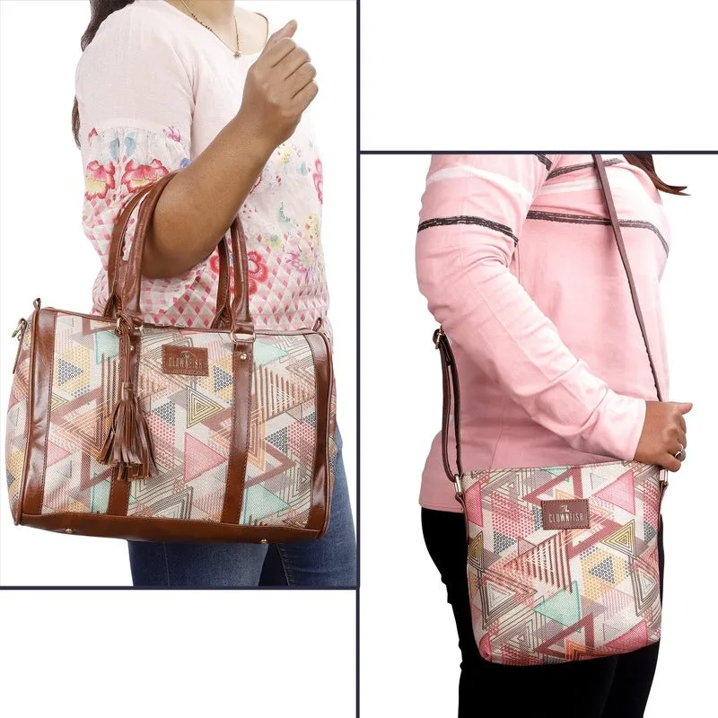 Combo: Lorna Printed Handicraft Fabric & Faux Leather Handbag Sling Bag | 16L | Multicolour-Triangle Design