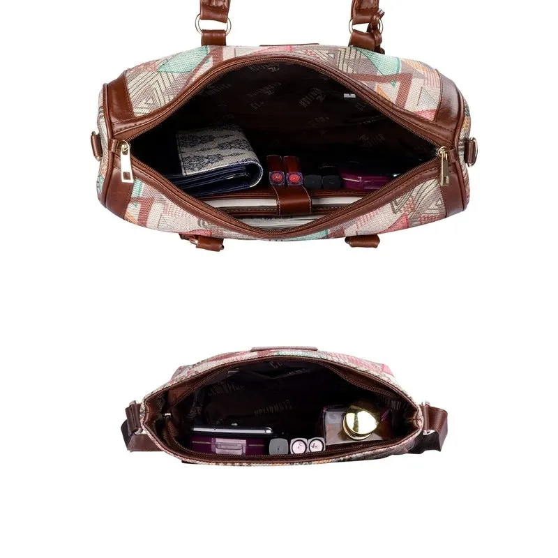 Combo: Lorna Printed Handicraft Fabric & Faux Leather Handbag Sling Bag | 16L | Multicolour-Triangle Design