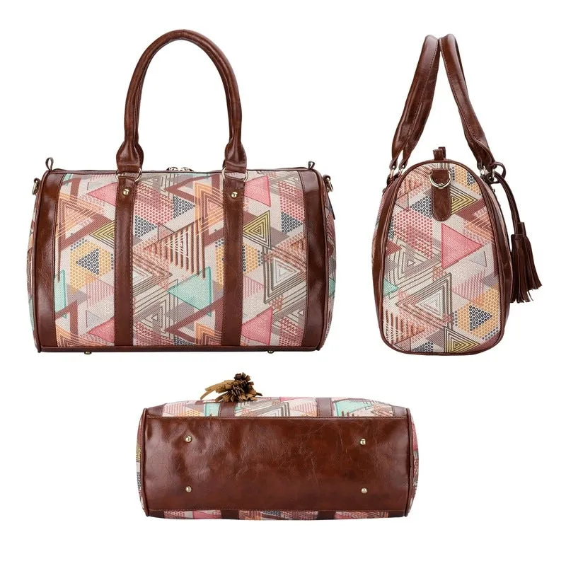 Combo: Lorna Printed Handicraft Fabric & Faux Leather Handbag Sling Bag | 16L | Multicolour-Triangle Design