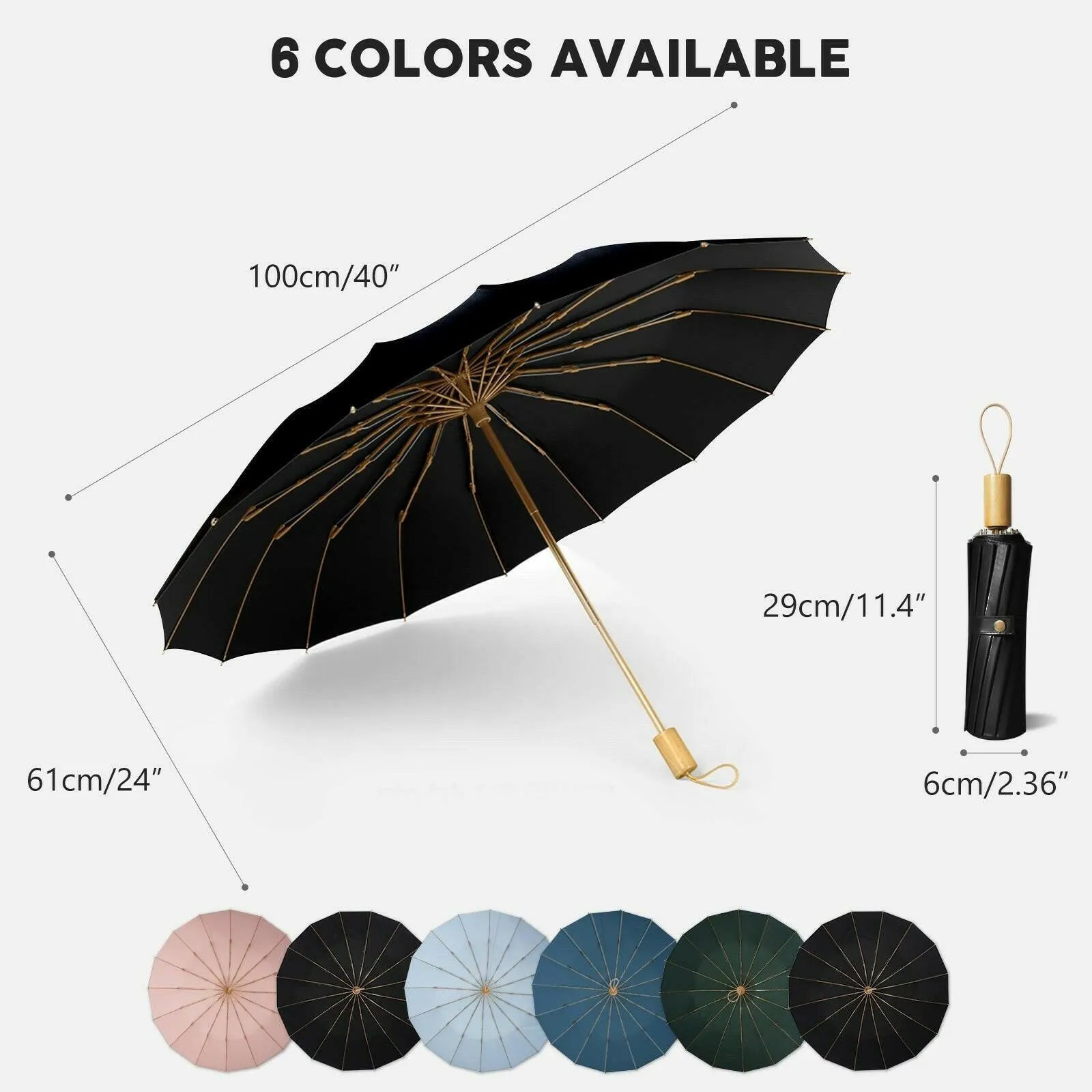 Compact UV Reflective Umbrella 16-Rib Golden Frame UPF50 