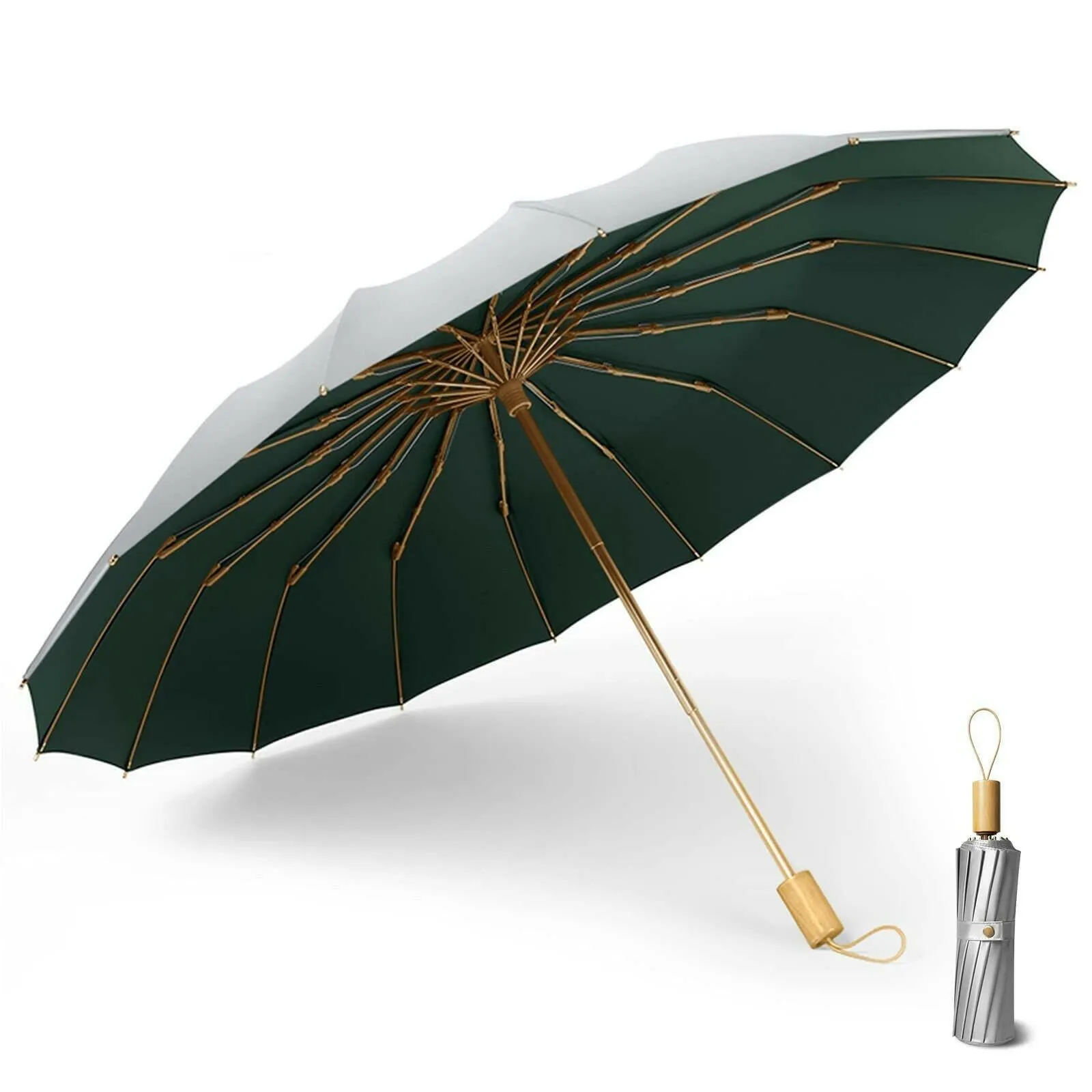 Compact UV Reflective Umbrella 16-Rib Golden Frame UPF50 