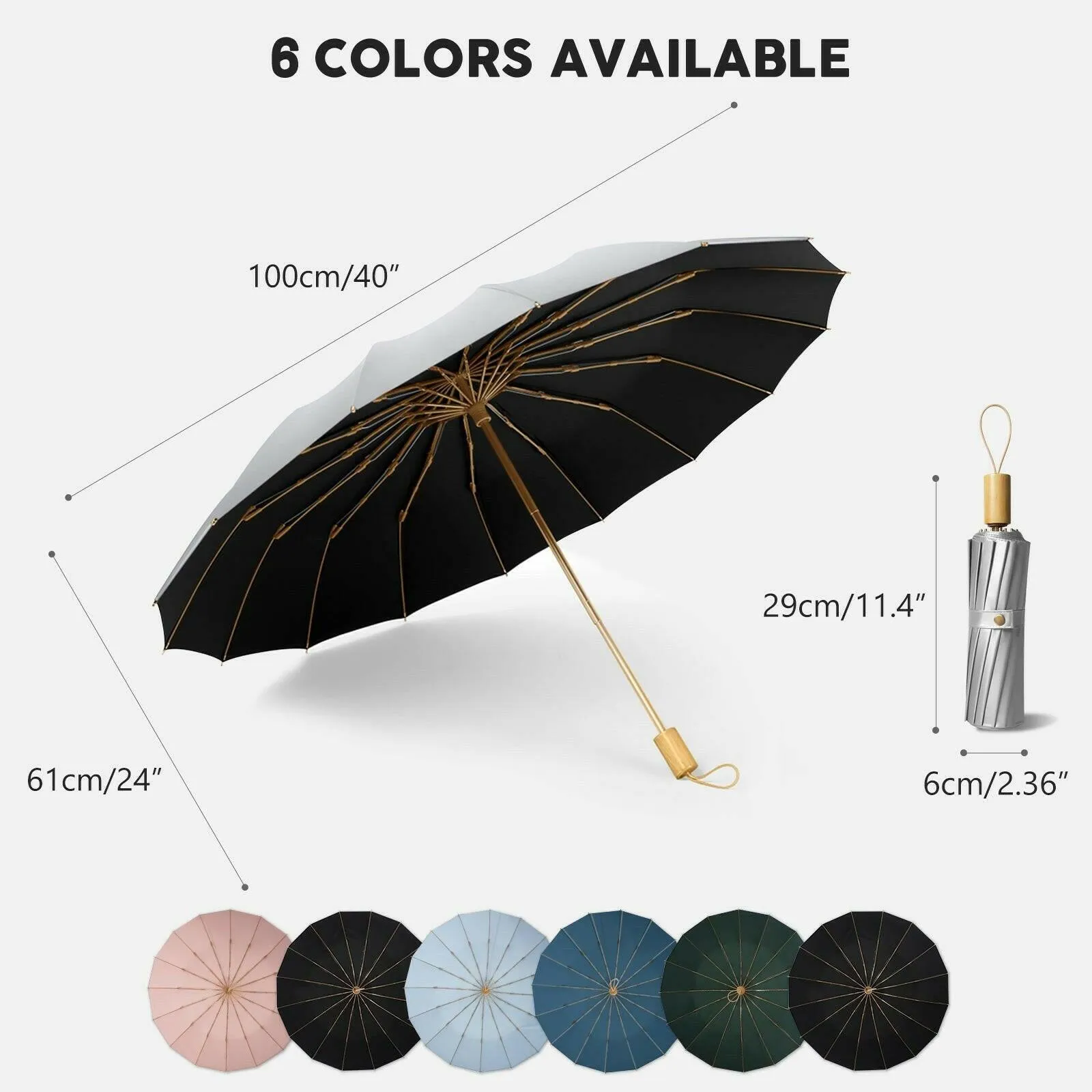 Compact UV Reflective Umbrella 16-Rib Golden Frame UPF50 