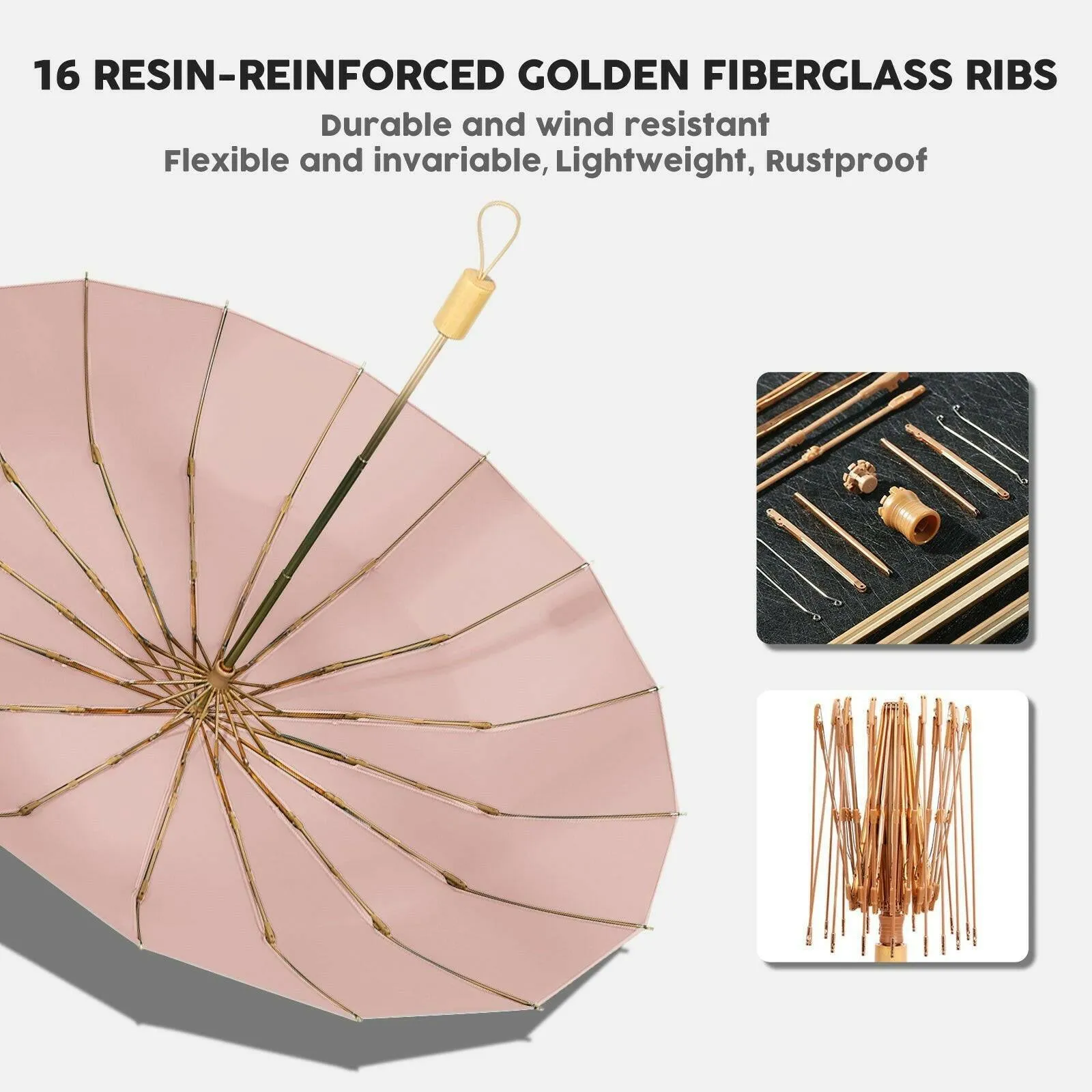 Compact UV Reflective Umbrella 16-Rib Golden Frame UPF50 