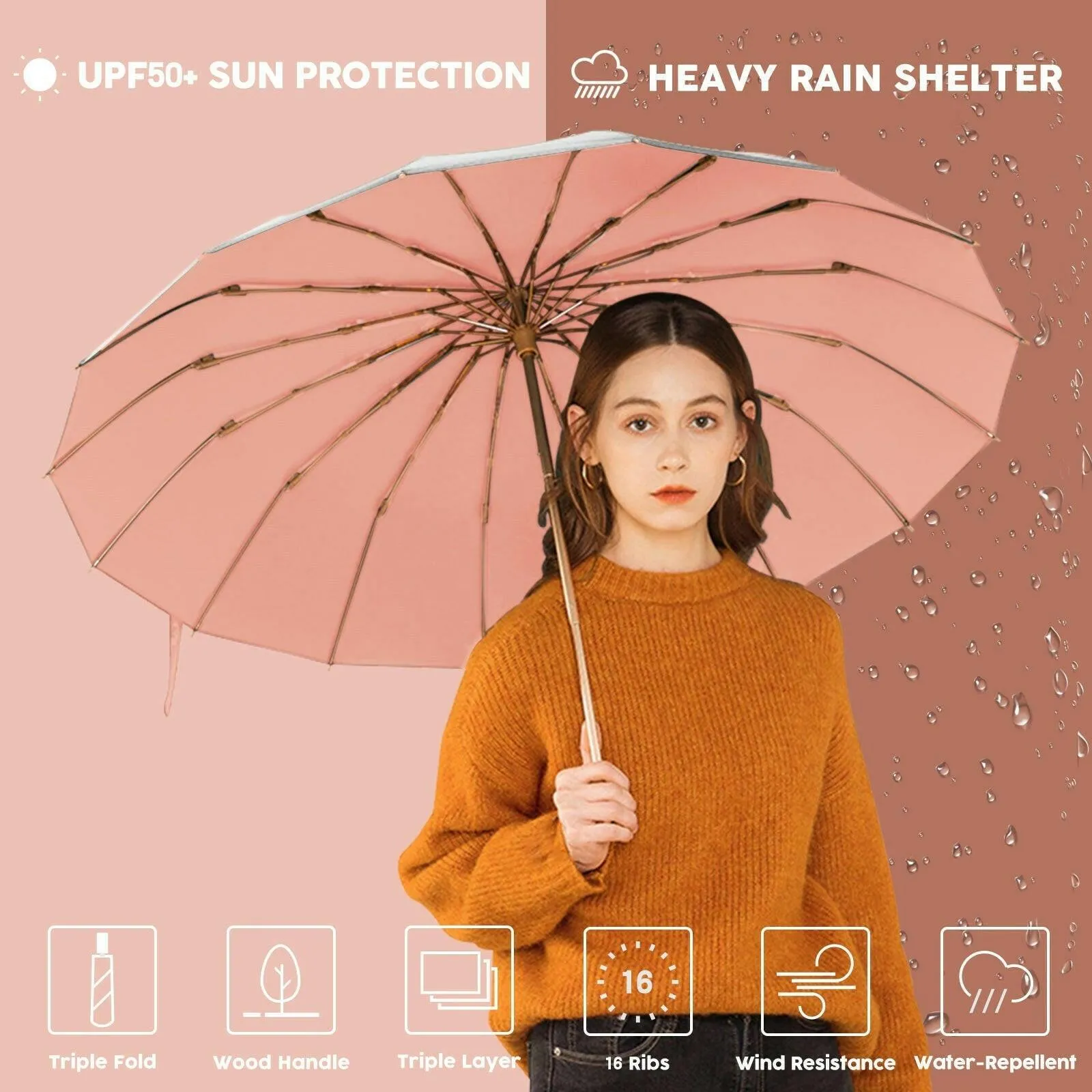 Compact UV Reflective Umbrella 16-Rib Golden Frame UPF50 