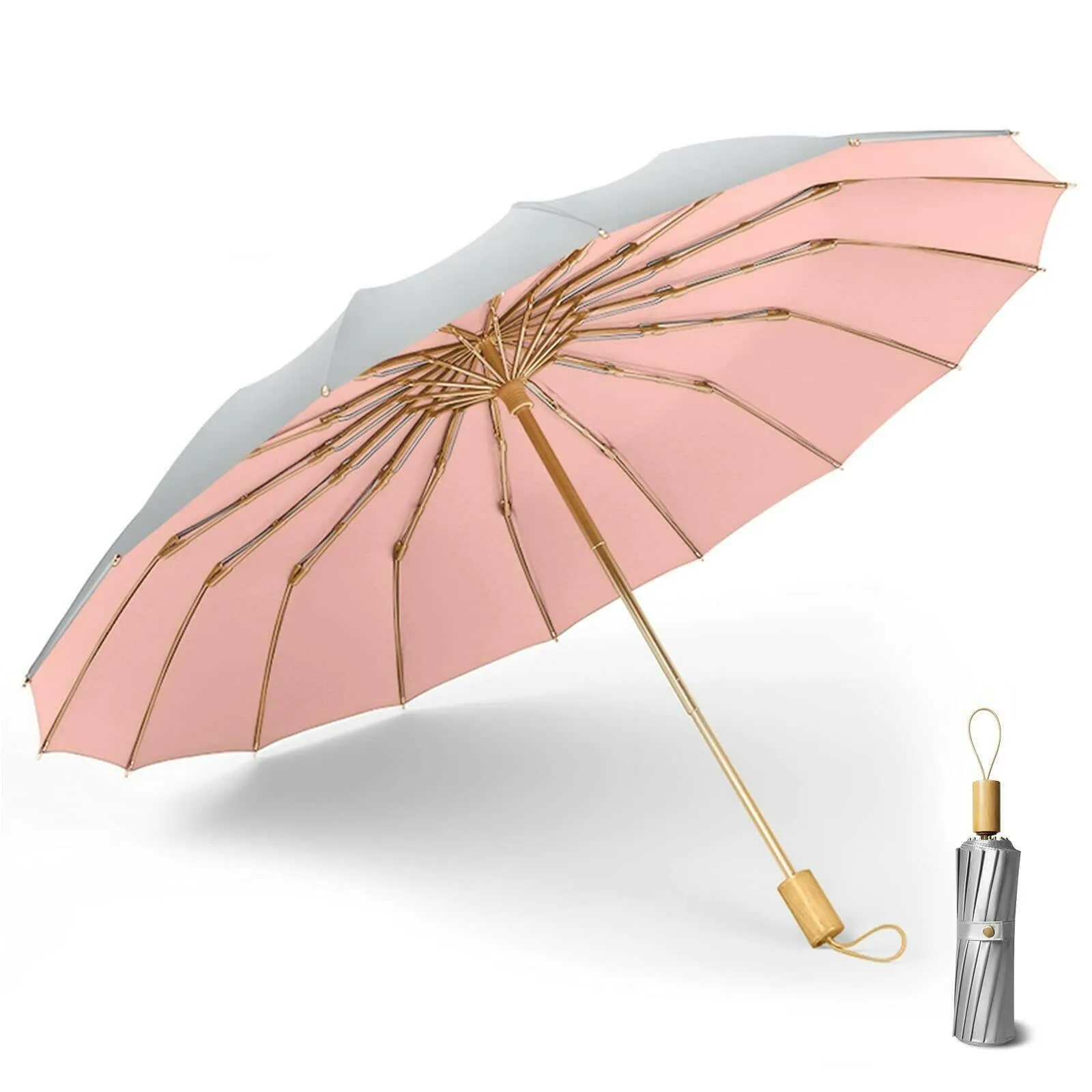 Compact UV Reflective Umbrella 16-Rib Golden Frame UPF50 