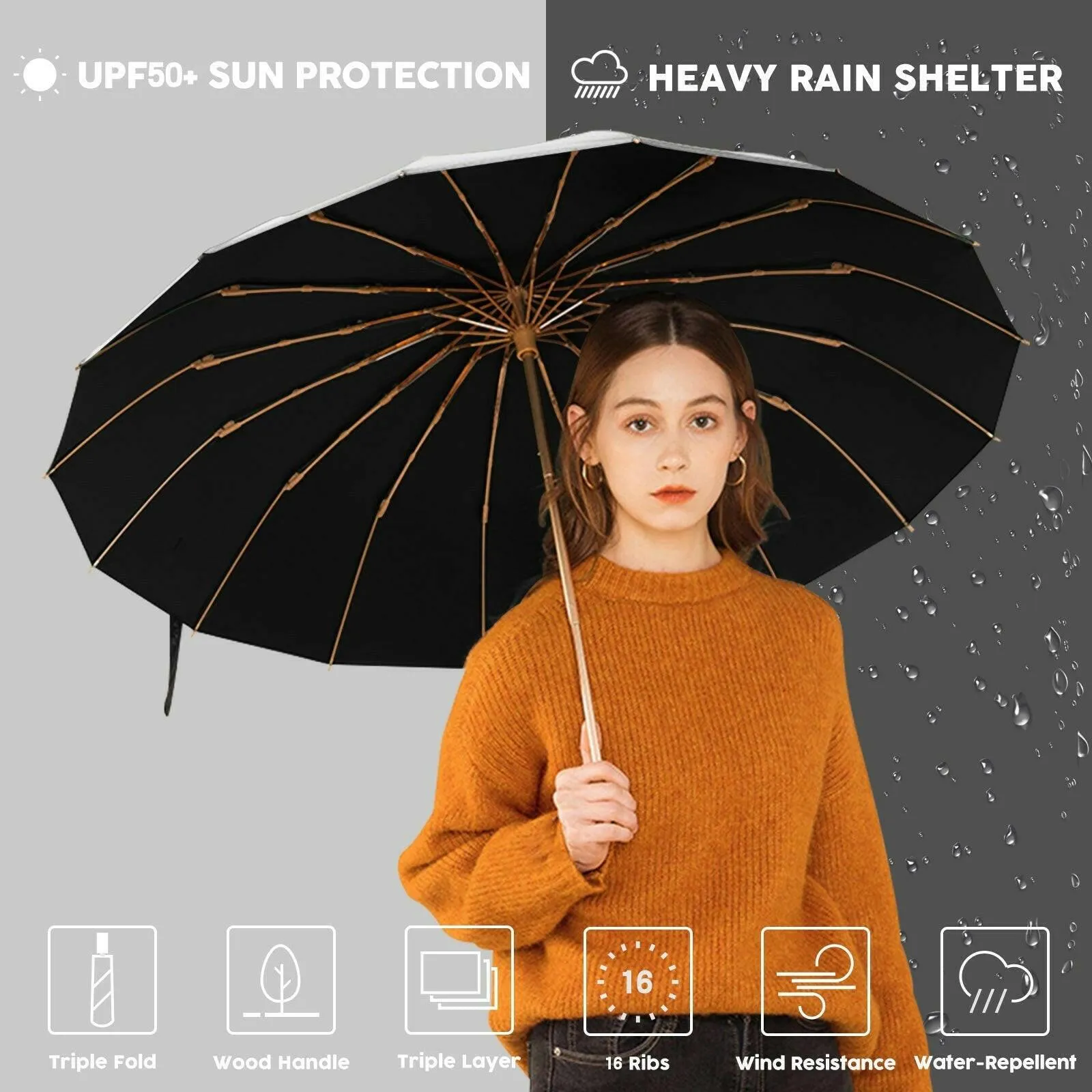 Compact UV Reflective Umbrella 16-Rib Golden Frame UPF50 