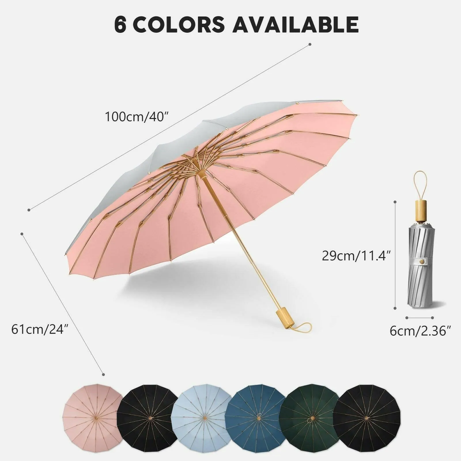 Compact UV Reflective Umbrella 16-Rib Golden Frame UPF50 