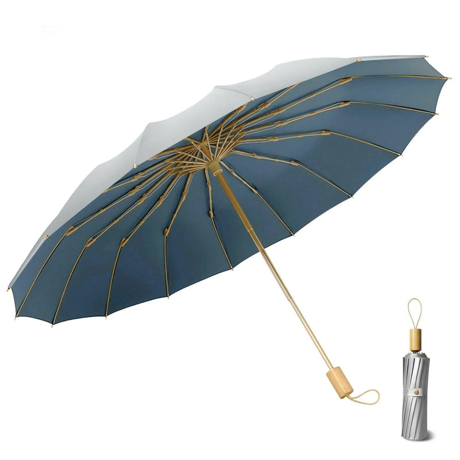 Compact UV Reflective Umbrella 16-Rib Golden Frame UPF50 