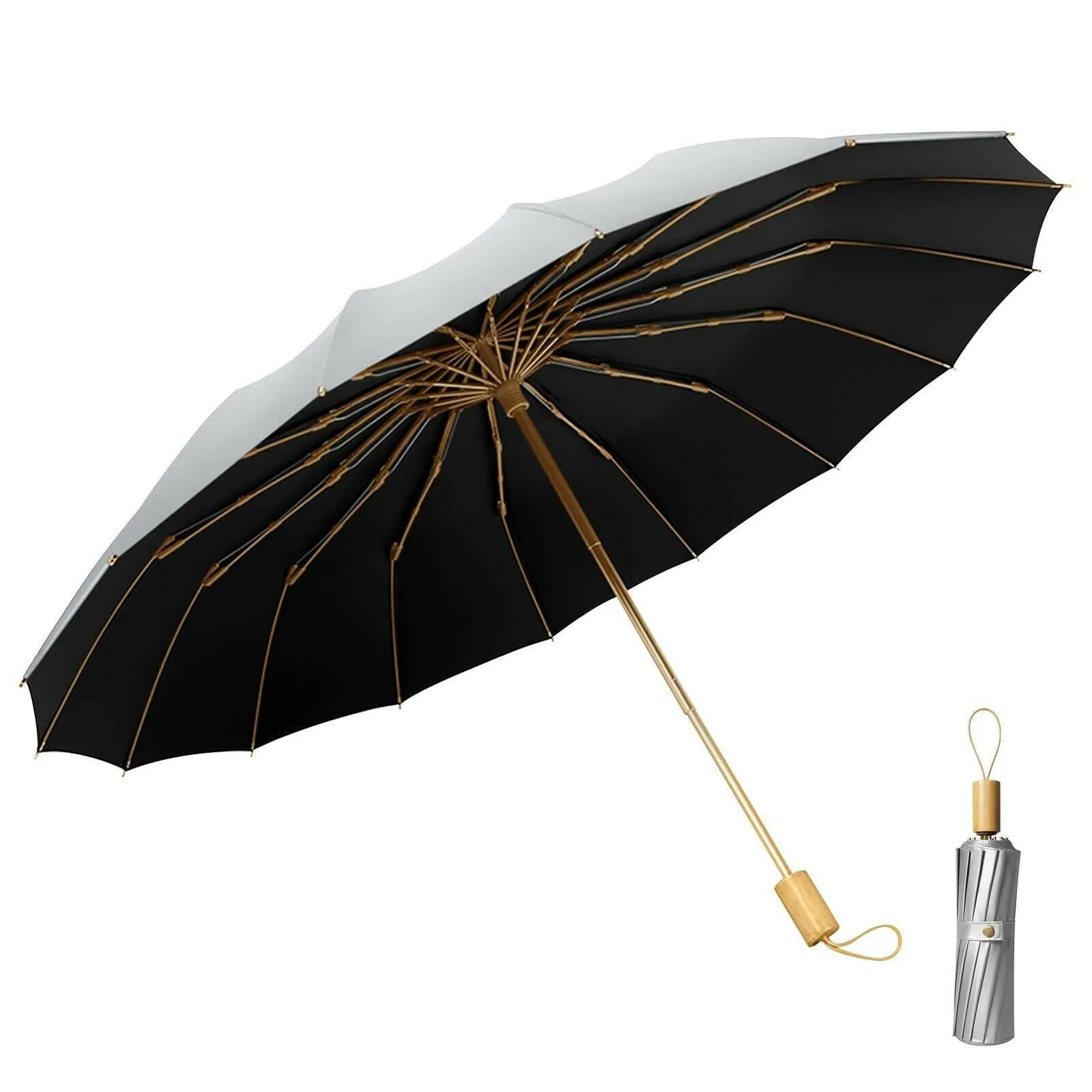 Compact UV Reflective Umbrella 16-Rib Golden Frame UPF50 