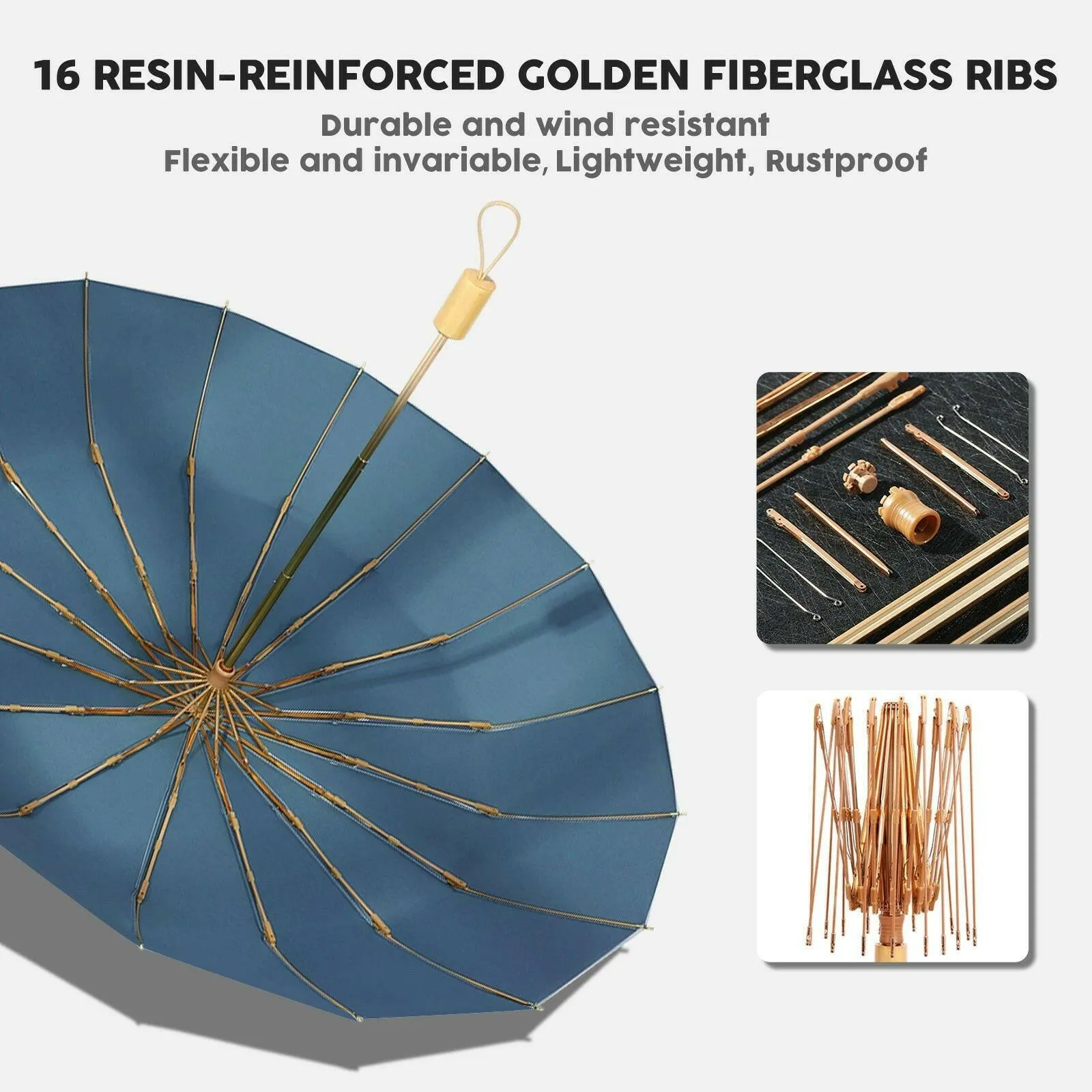 Compact UV Reflective Umbrella 16-Rib Golden Frame UPF50 
