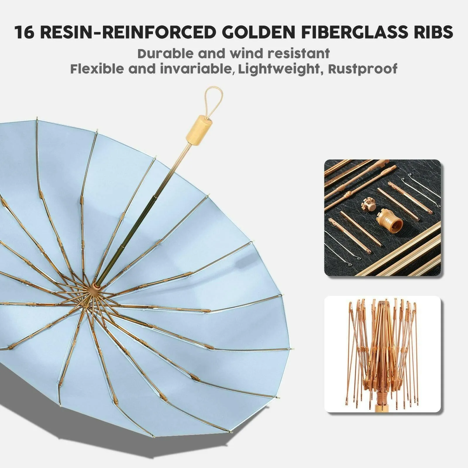 Compact UV Reflective Umbrella 16-Rib Golden Frame UPF50 