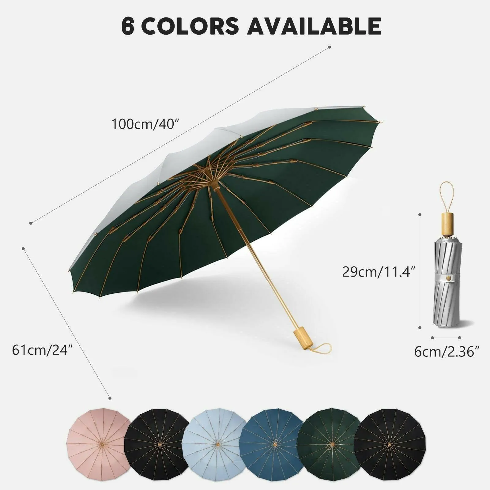 Compact UV Reflective Umbrella 16-Rib Golden Frame UPF50 