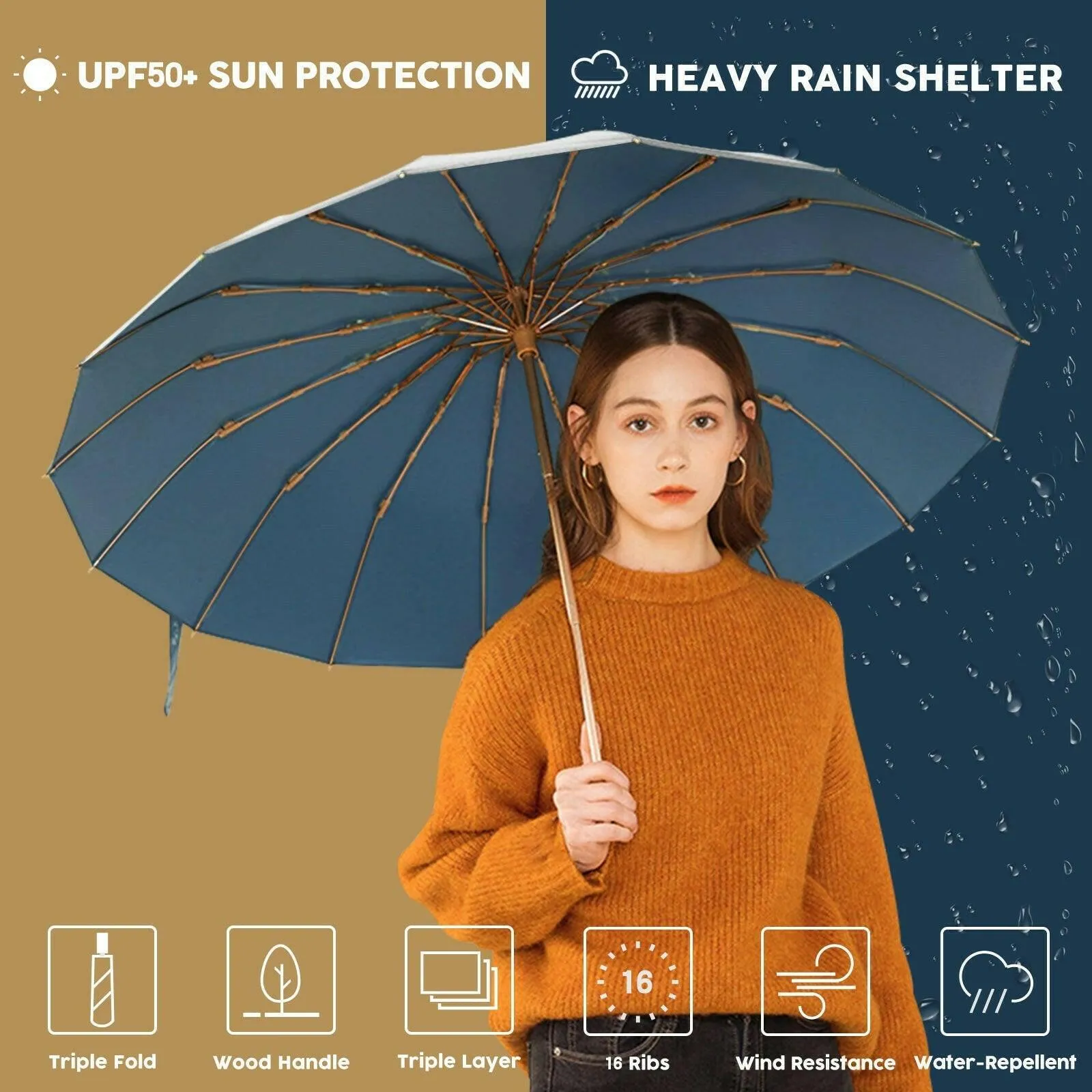 Compact UV Reflective Umbrella 16-Rib Golden Frame UPF50 