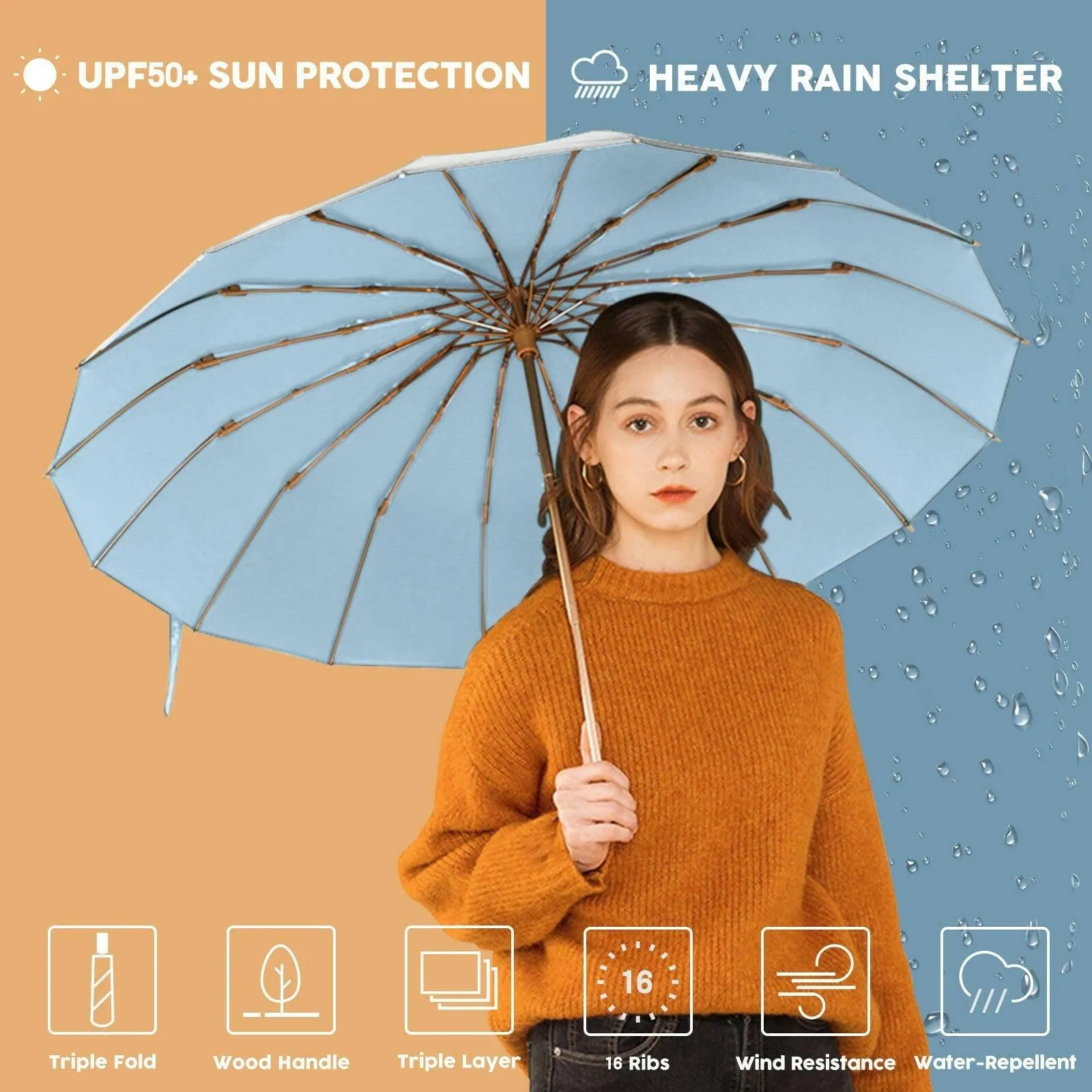 Compact UV Reflective Umbrella 16-Rib Golden Frame UPF50 