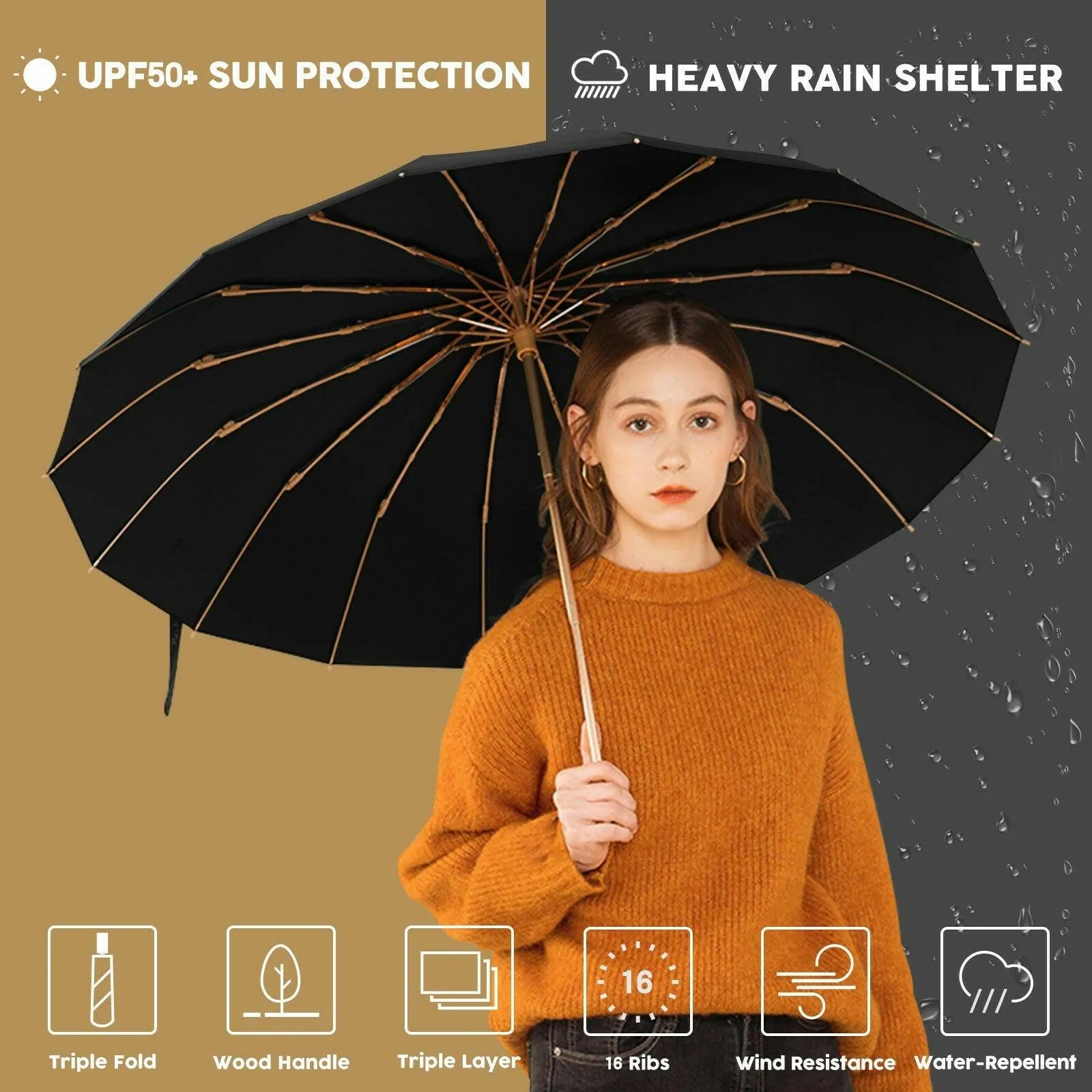 Compact UV Reflective Umbrella 16-Rib Golden Frame UPF50 