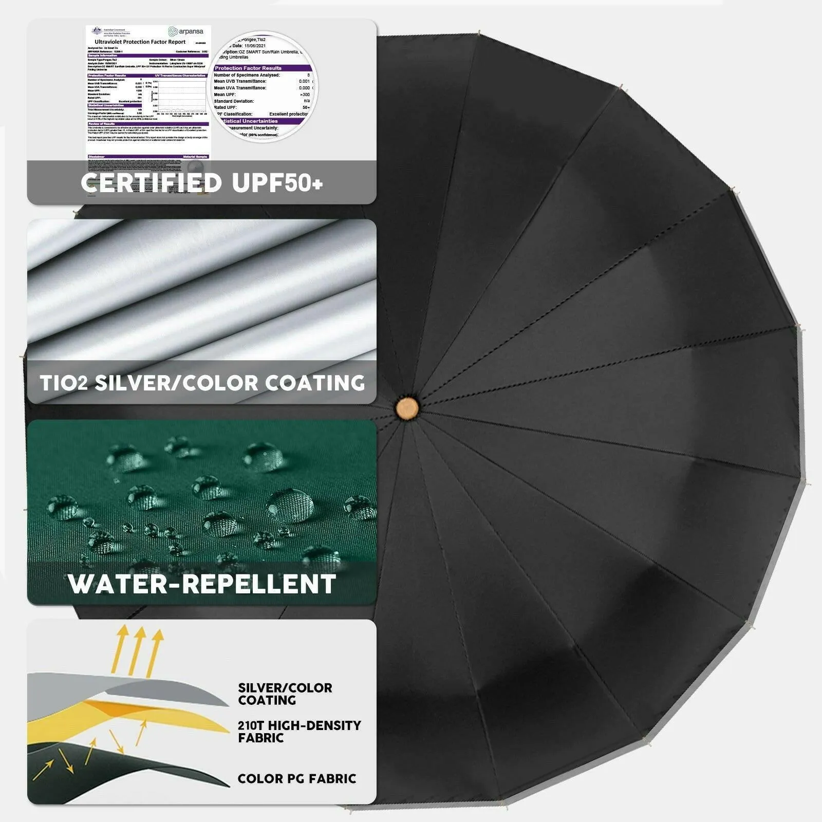 Compact UV Reflective Umbrella 16-Rib Golden Frame UPF50 