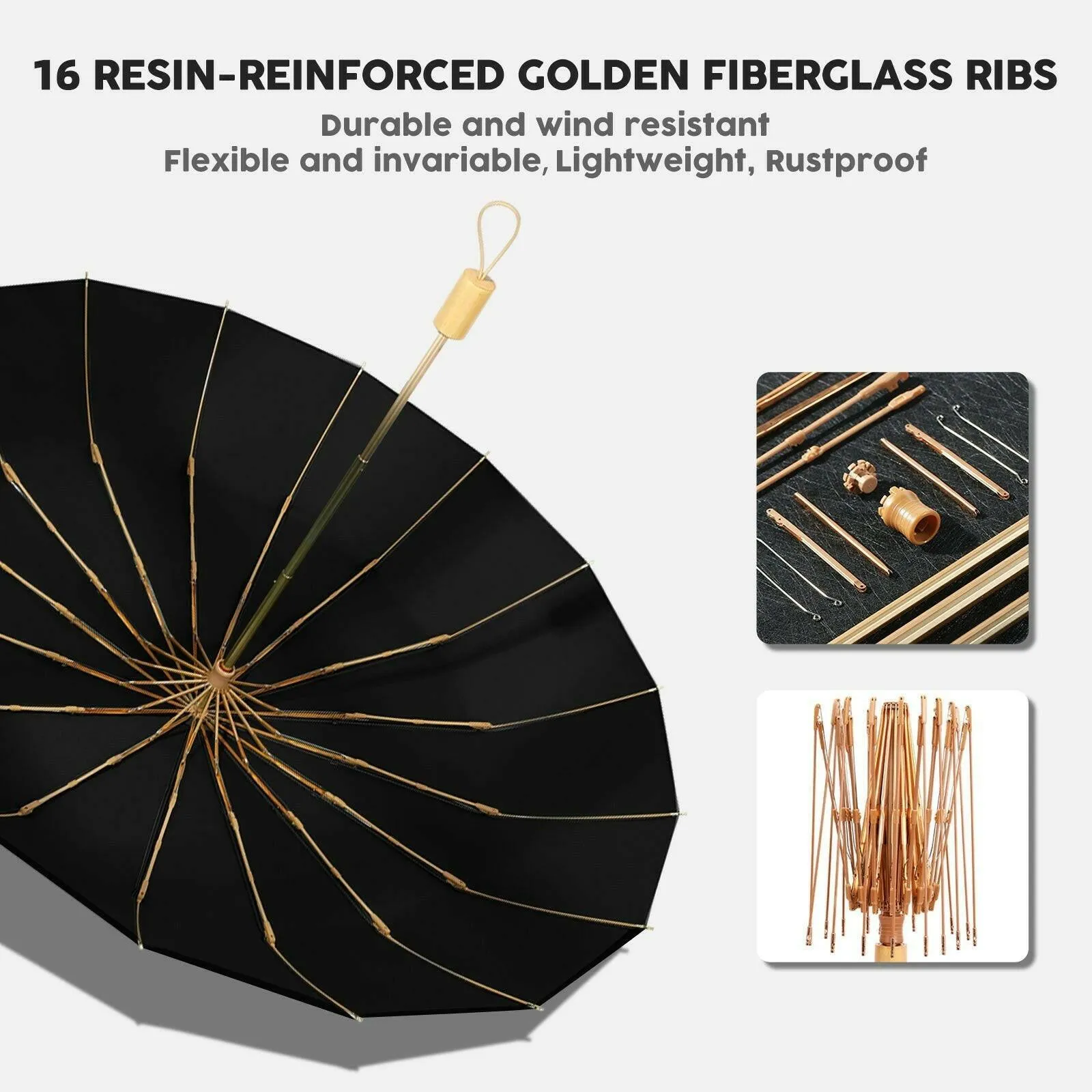 Compact UV Reflective Umbrella 16-Rib Golden Frame UPF50 