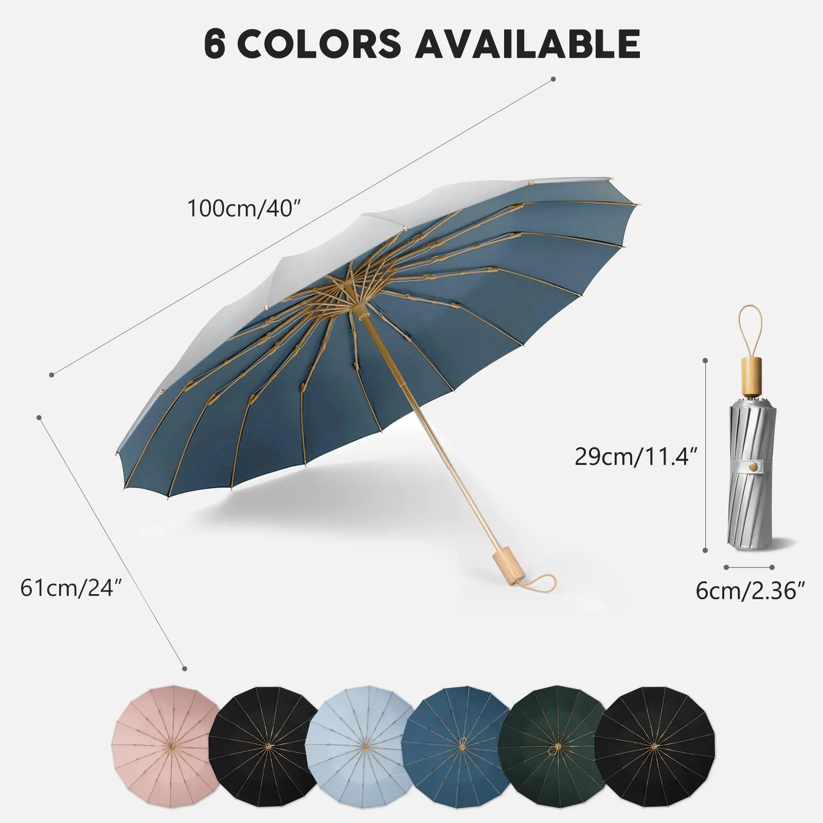 Compact UV Reflective Umbrella 16-Rib Golden Frame UPF50 