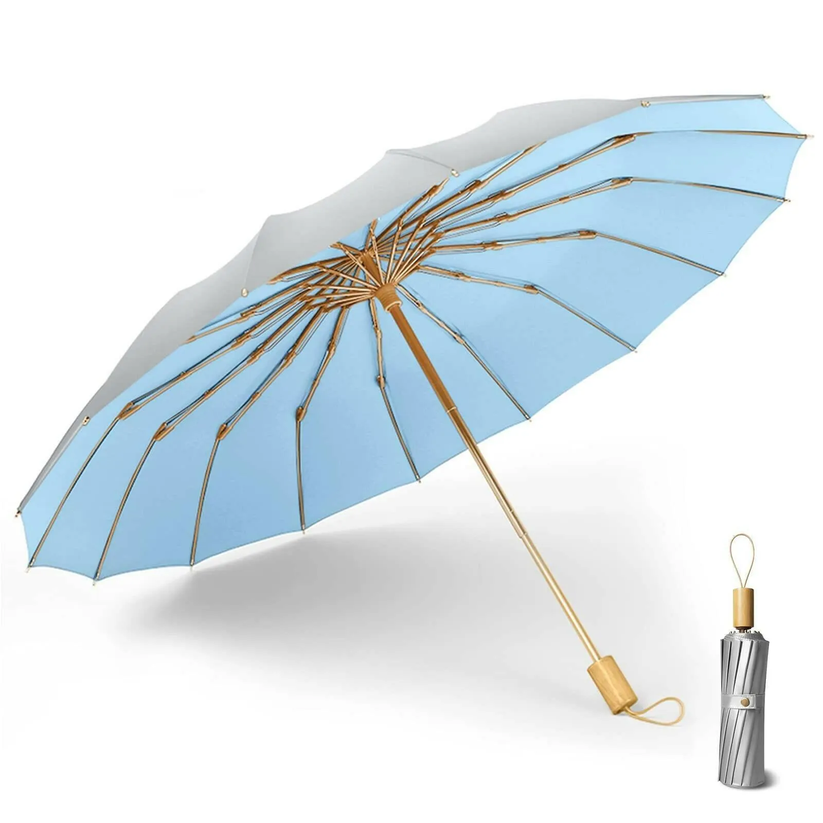 Compact UV Reflective Umbrella 16-Rib Golden Frame UPF50 
