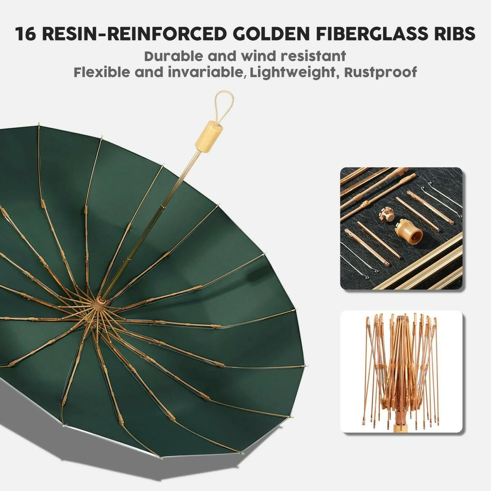 Compact UV Reflective Umbrella 16-Rib Golden Frame UPF50 