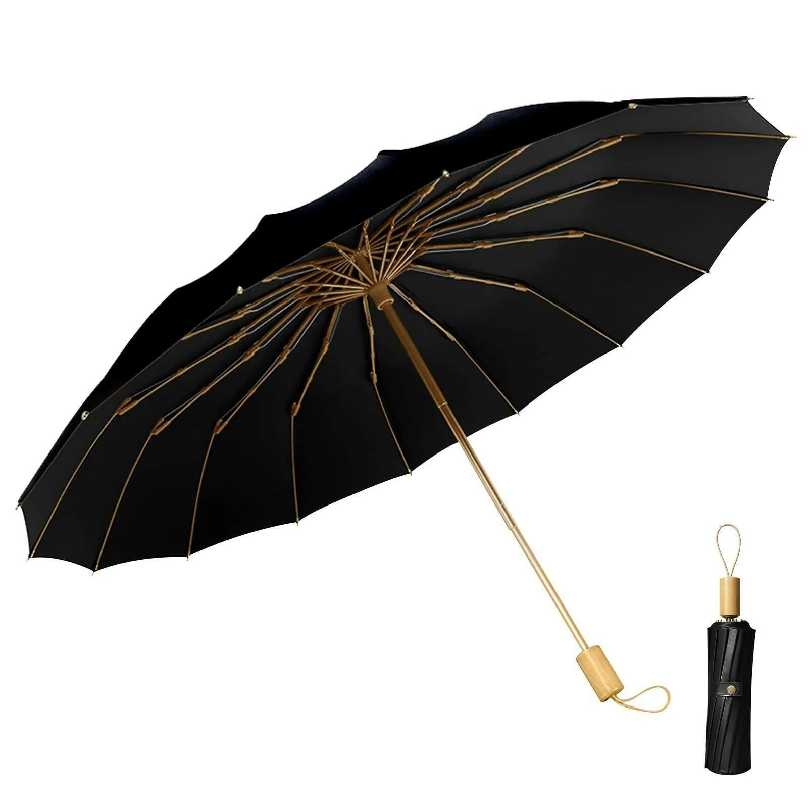 Compact UV Reflective Umbrella 16-Rib Golden Frame UPF50 