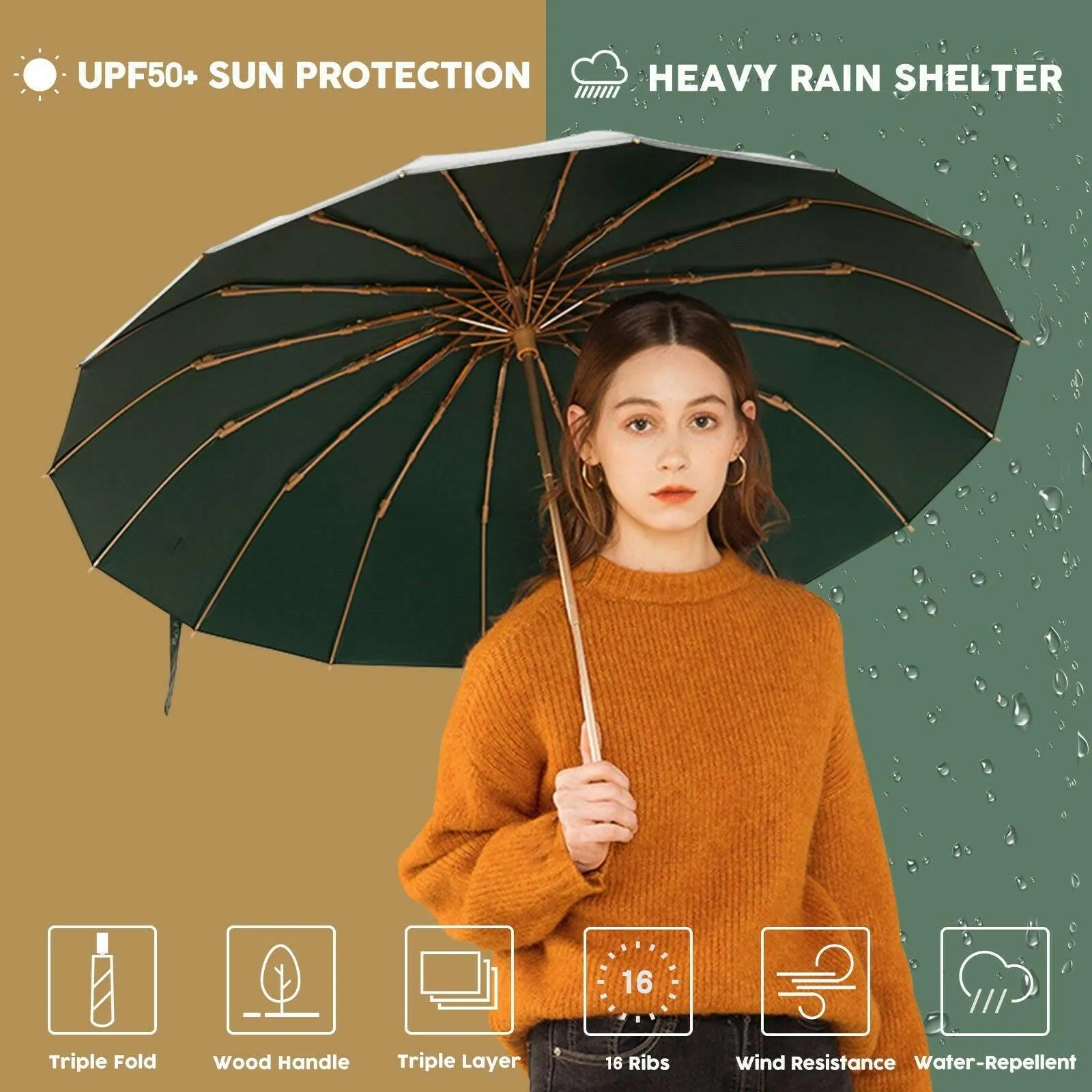 Compact UV Reflective Umbrella 16-Rib Golden Frame UPF50 