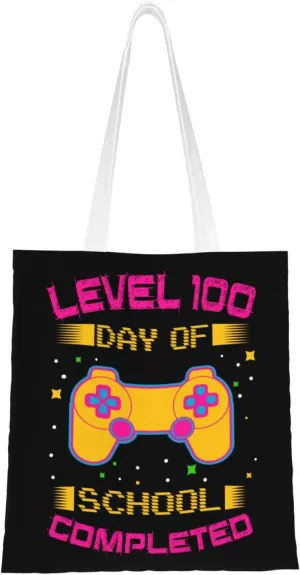 Complete 100 Days of Academic Level Tote Bag for Women Canvas Shopping Bags Reusable Large Capacity Casual Shoulder Handbags Grocery Bags DIY Gift Bags