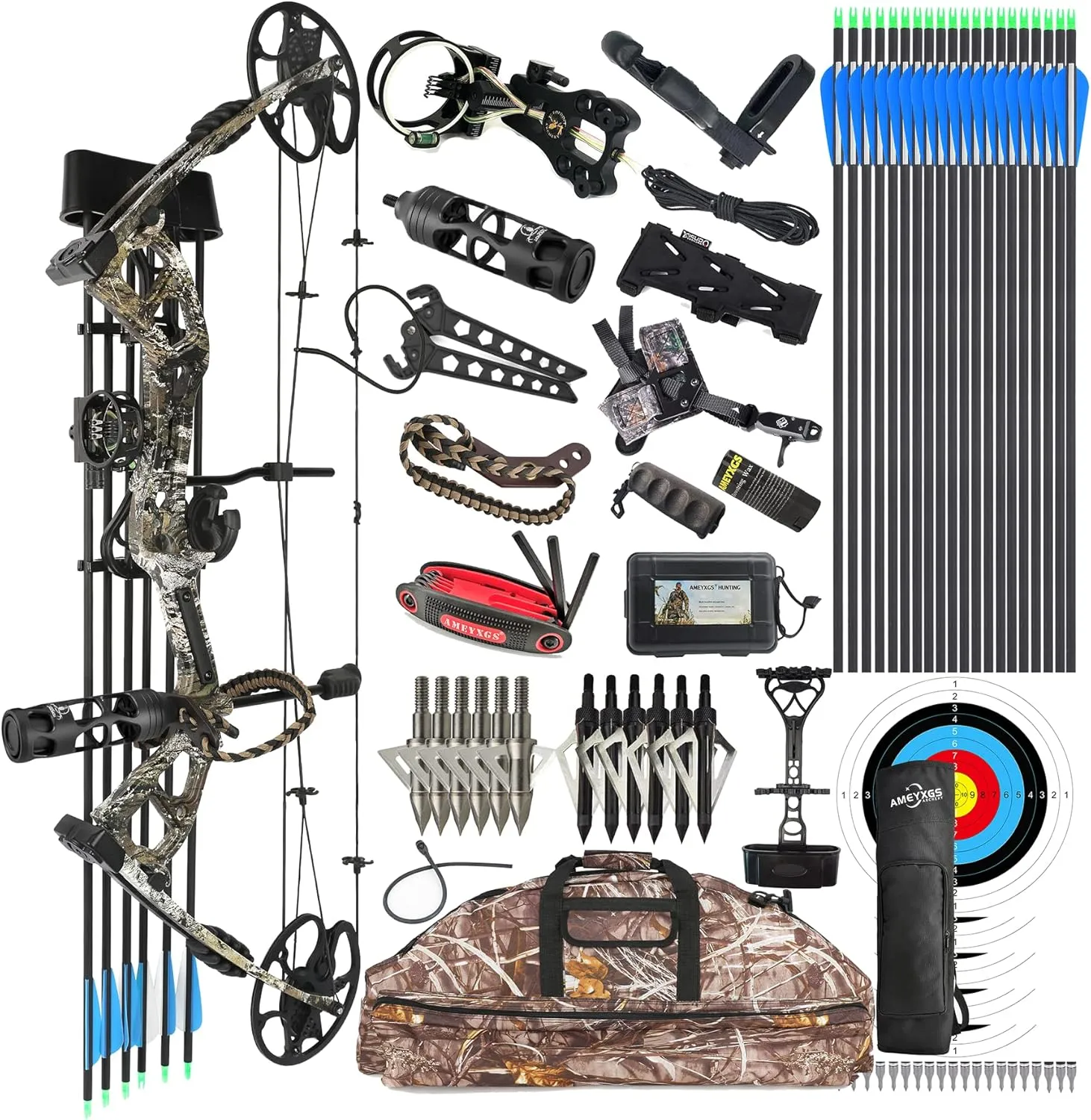 Compound Bow Kit, Hunting & Targeting, Limb Made in USA, Draw Weight 0-70 lbs Adjustable, Draw Length 9”-31",up to IBO 325FPS Speed, Package with Archery Hunting Accessories