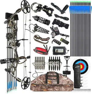 Compound Bow Kit, Hunting & Targeting, Limb Made in USA, Draw Weight 0-70 lbs Adjustable, Draw Length 9”-31",up to IBO 325FPS Speed, Package with Archery Hunting Accessories