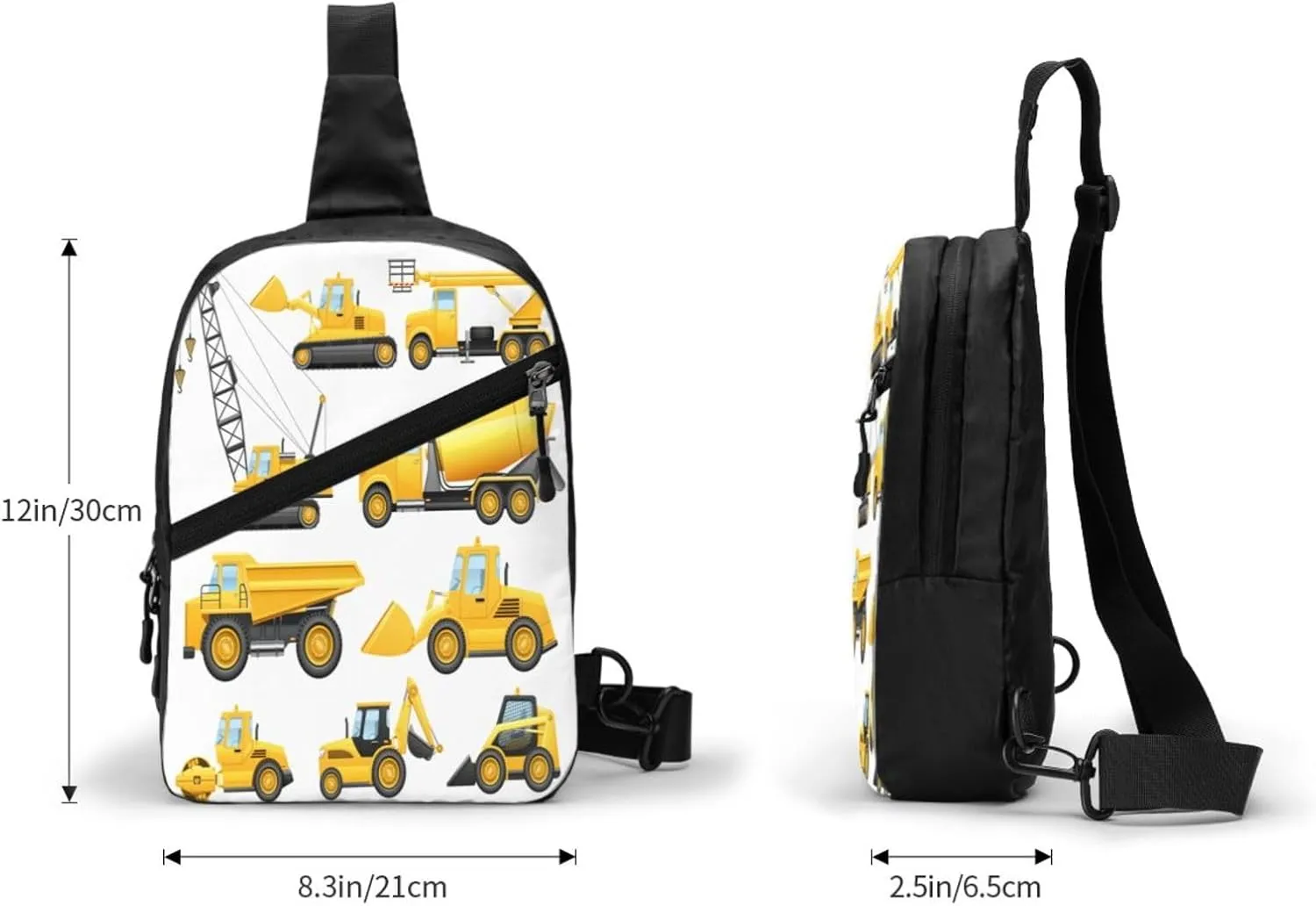 Construction Trucks Crane Bulldozer Sling Bag for Men Women, Small Crossbody Sling Backpack Shoulder Chest Bag, Anti Theft Travel Hiking Sports
