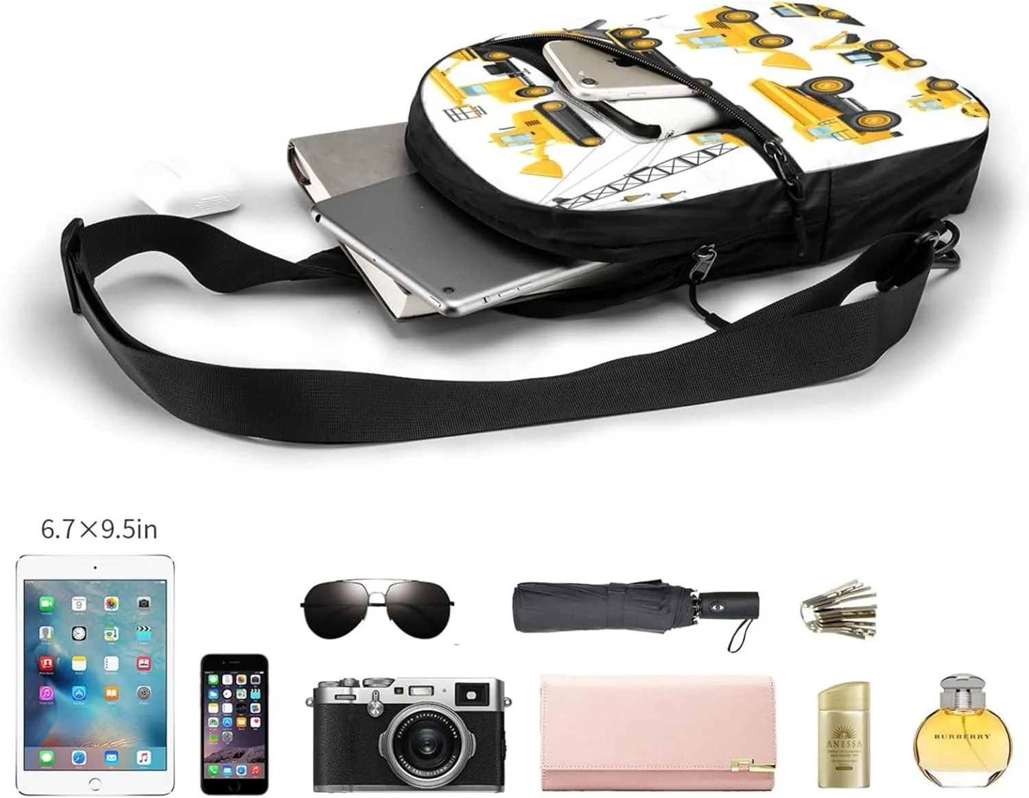 Construction Trucks Crane Bulldozer Sling Bag for Men Women, Small Crossbody Sling Backpack Shoulder Chest Bag, Anti Theft Travel Hiking Sports