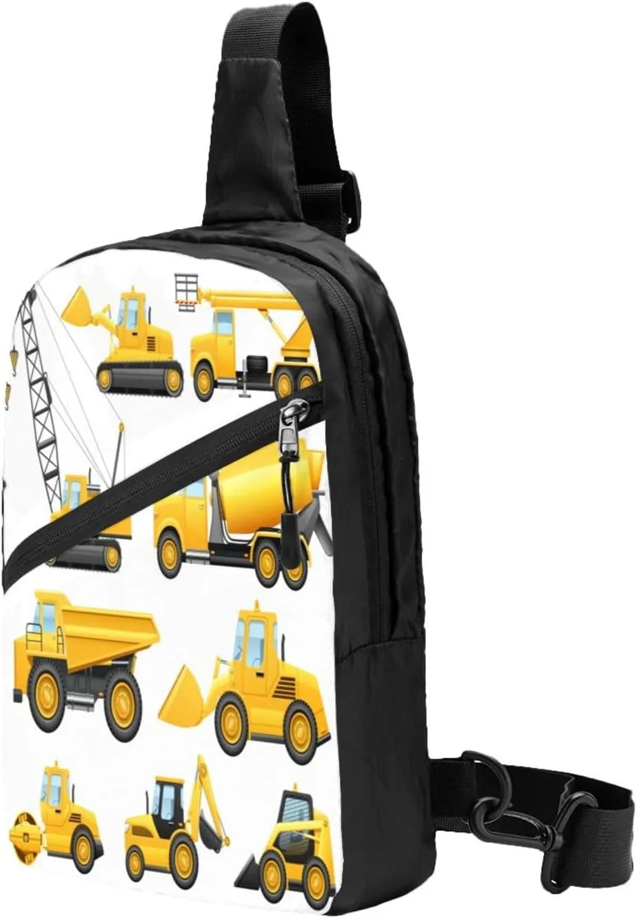 Construction Trucks Crane Bulldozer Sling Bag for Men Women, Small Crossbody Sling Backpack Shoulder Chest Bag, Anti Theft Travel Hiking Sports