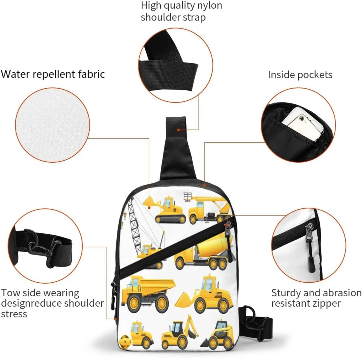 Construction Trucks Crane Bulldozer Sling Bag for Men Women, Small Crossbody Sling Backpack Shoulder Chest Bag, Anti Theft Travel Hiking Sports