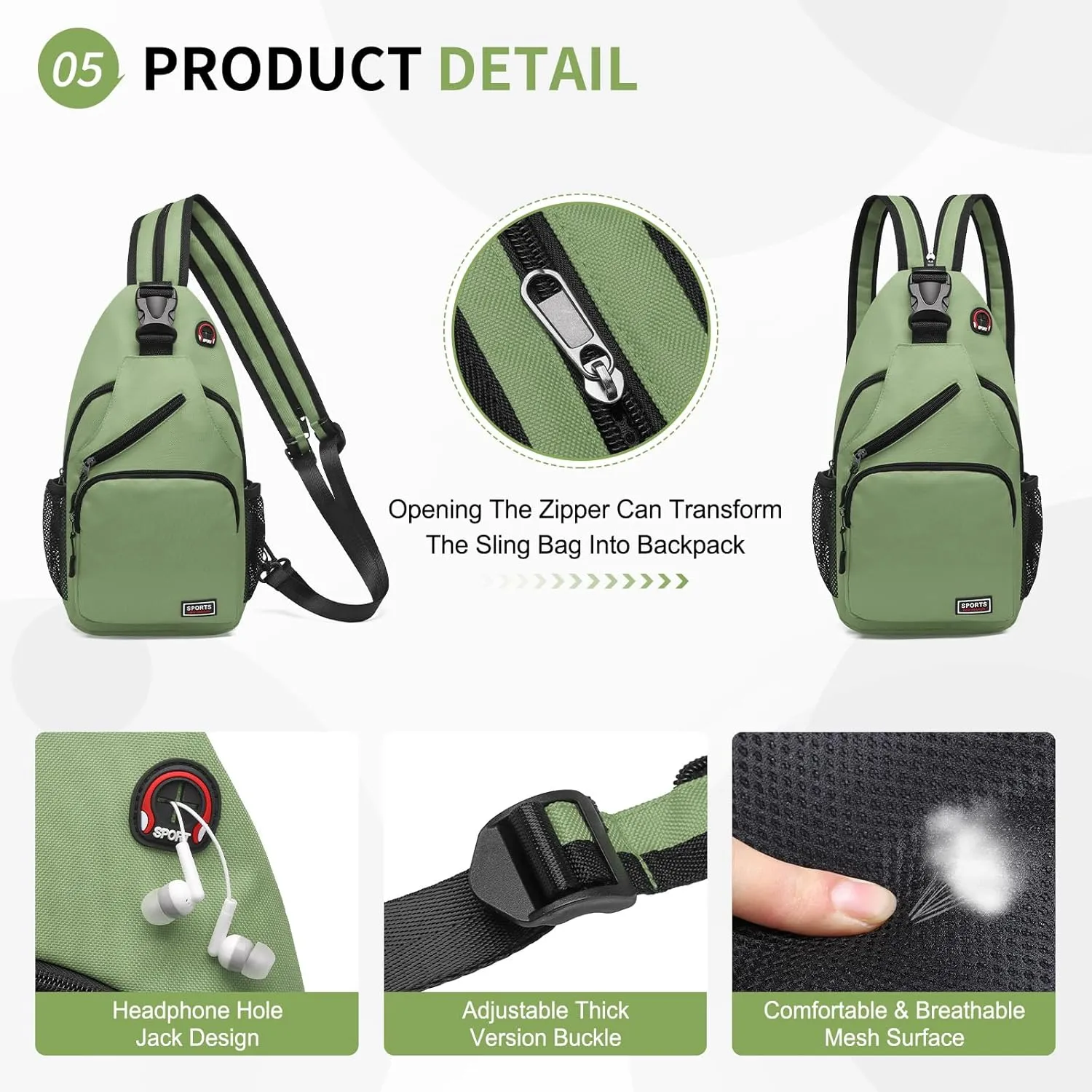 Convertible Sling Bag Crossbody Backpack, 12.9-Inch Pads Bags with Headphone Jack Shoulder Bag Casual Pack for Women Men Hiking Travel Cycling (Green)