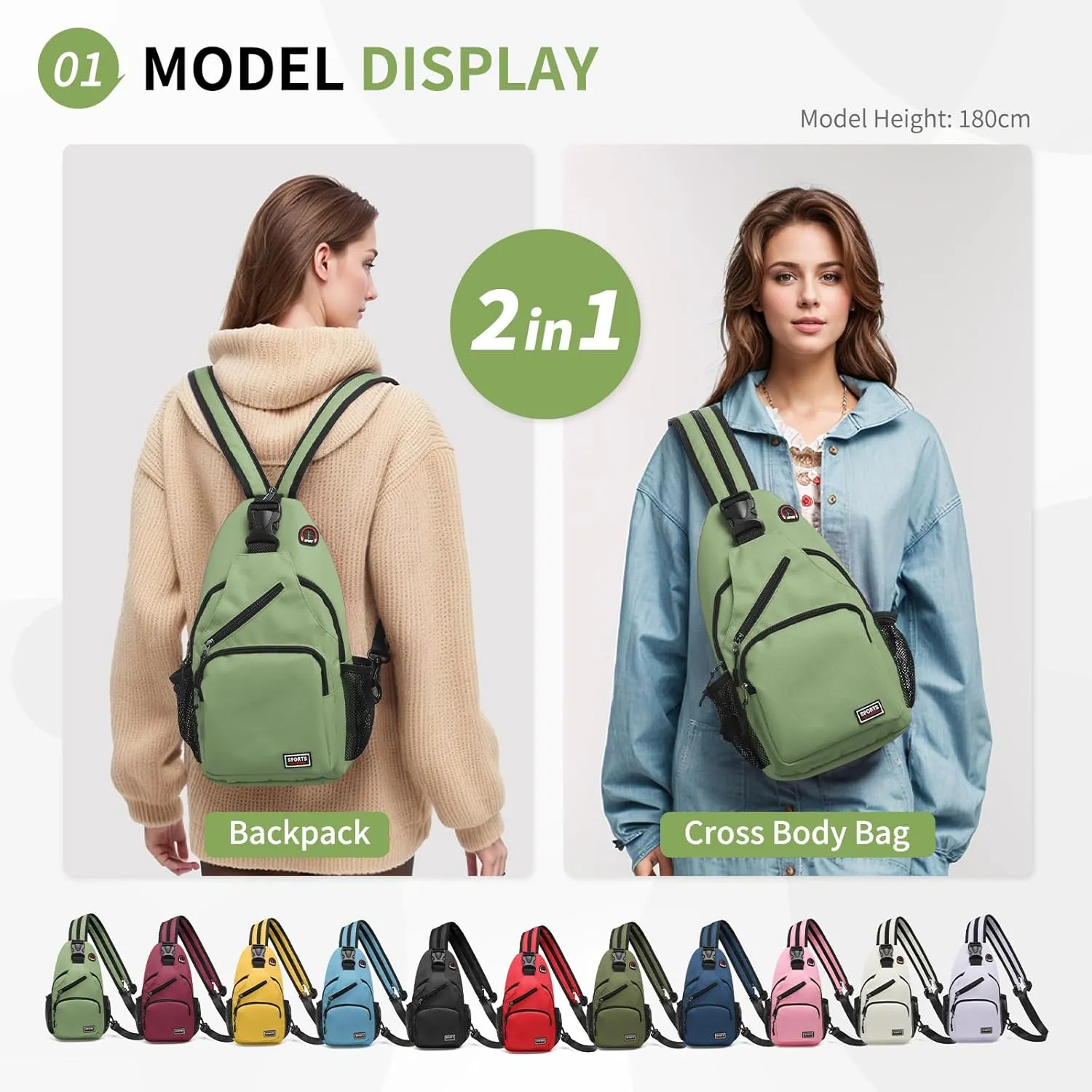 Convertible Sling Bag Crossbody Backpack, 12.9-Inch Pads Bags with Headphone Jack Shoulder Bag Casual Pack for Women Men Hiking Travel Cycling (Green)