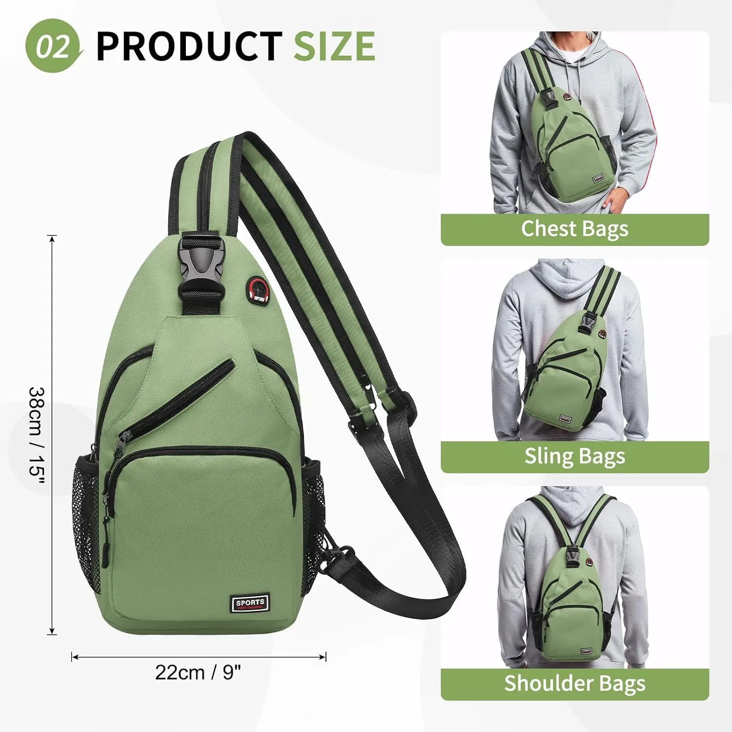 Convertible Sling Bag Crossbody Backpack, 12.9-Inch Pads Bags with Headphone Jack Shoulder Bag Casual Pack for Women Men Hiking Travel Cycling (Green)