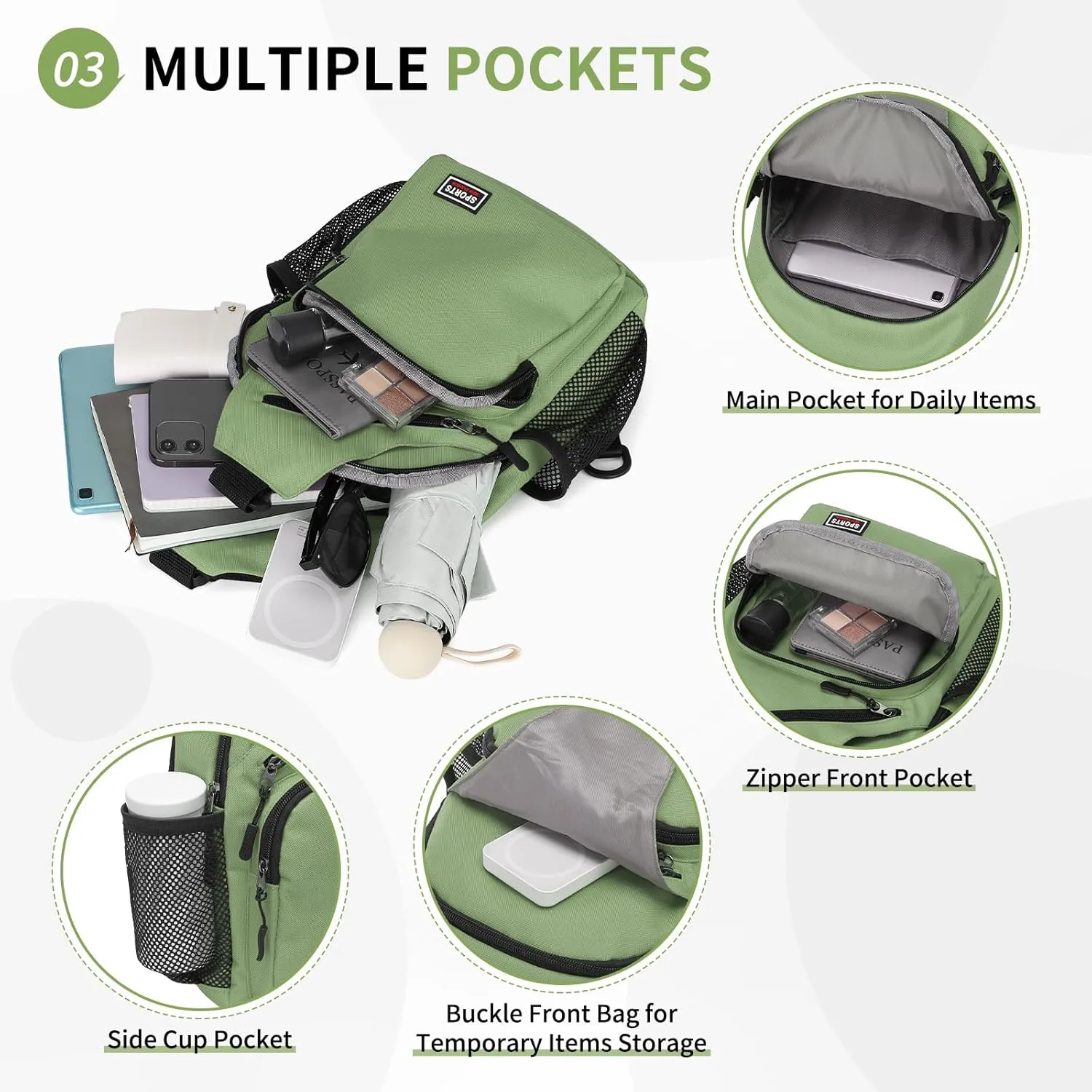 Convertible Sling Bag Crossbody Backpack, 12.9-Inch Pads Bags with Headphone Jack Shoulder Bag Casual Pack for Women Men Hiking Travel Cycling (Green)