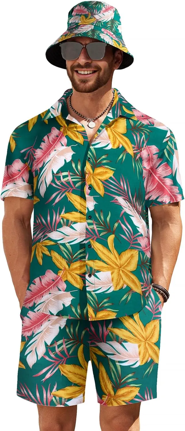 COOFANDY Men's Hawaiian Shirt and Short Set Flower 2-pieces Beach Outfit with Bucket Hats