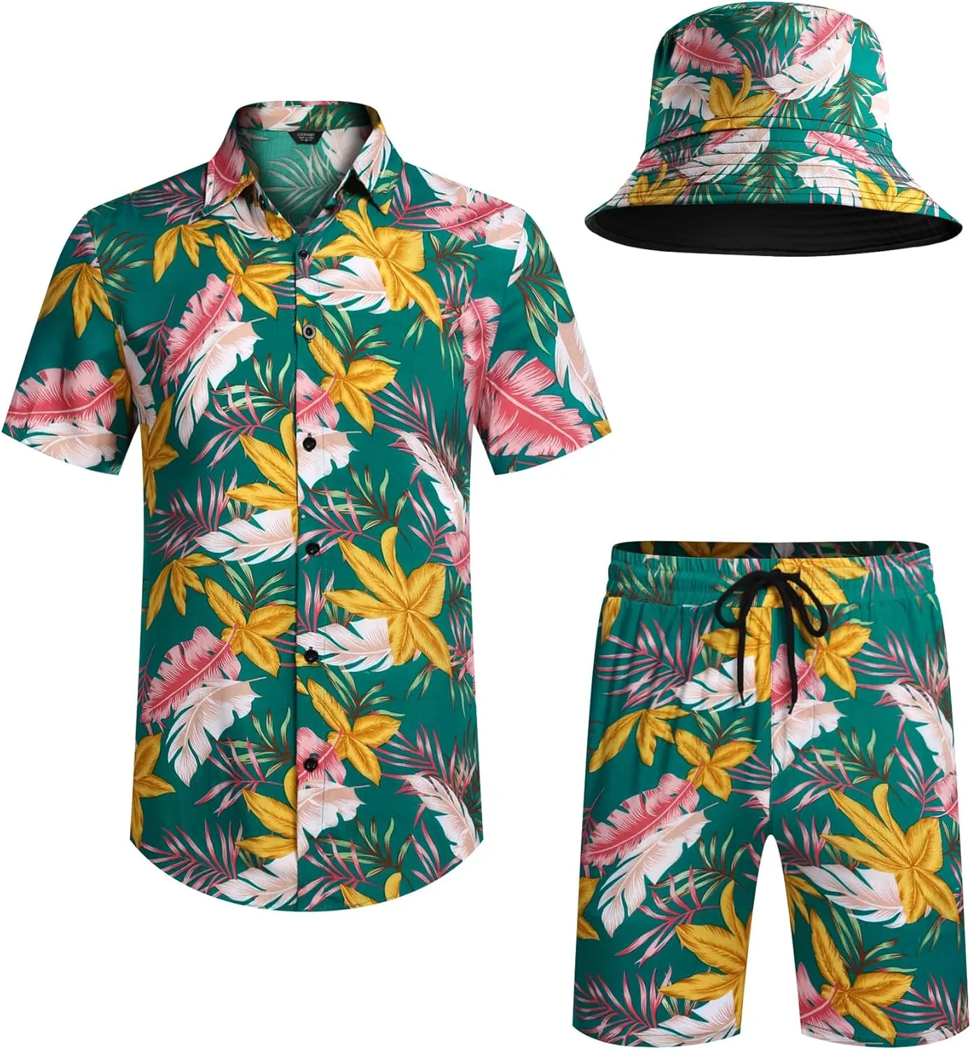 COOFANDY Men's Hawaiian Shirt and Short Set Flower 2-pieces Beach Outfit with Bucket Hats