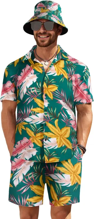 COOFANDY Men's Hawaiian Shirt and Short Set Flower 2-pieces Beach Outfit with Bucket Hats